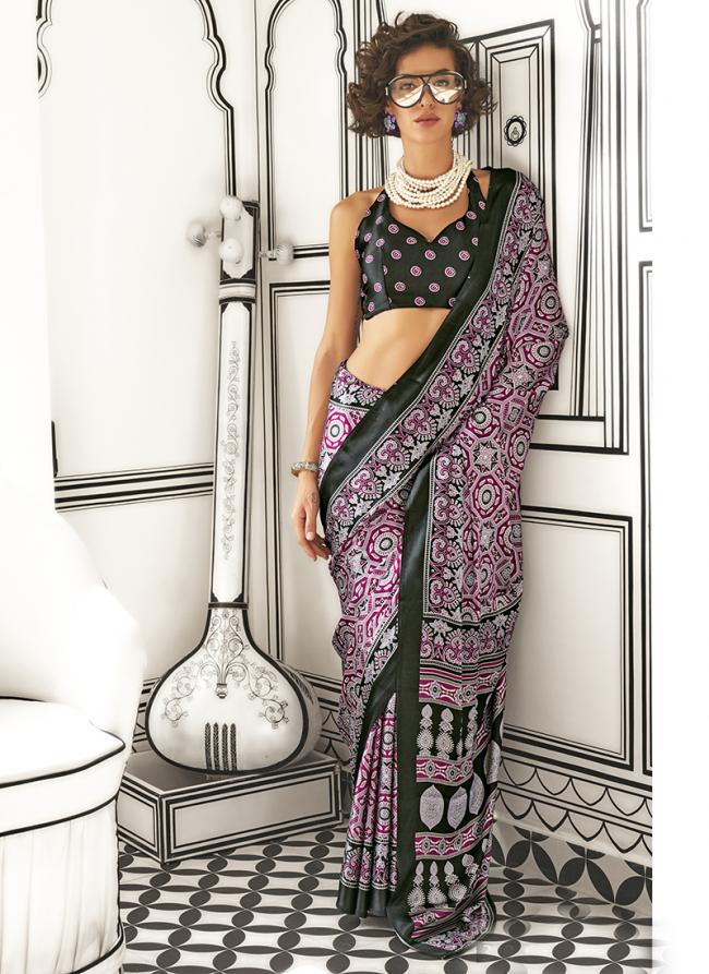 Satin Crape Purple Casual Wear Ajarkh Digital Print Saree